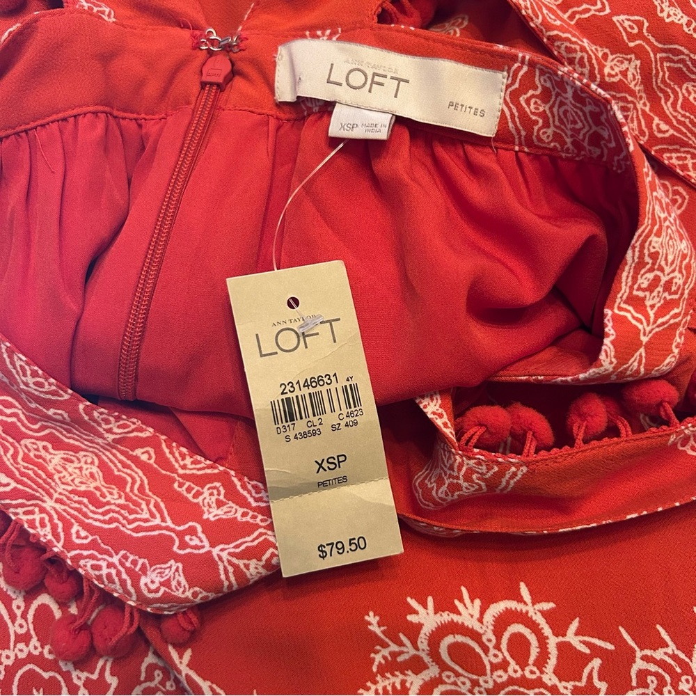 LOFT Petites Orange Bandana Print Sundress with Pom-Pom Trim | Size XSP - Picture 7 of 9